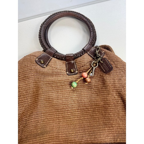 Fossil Brown Woven Circle Handle Satchel Bag Charm‎ Floral Interior - Picture 4 of 12